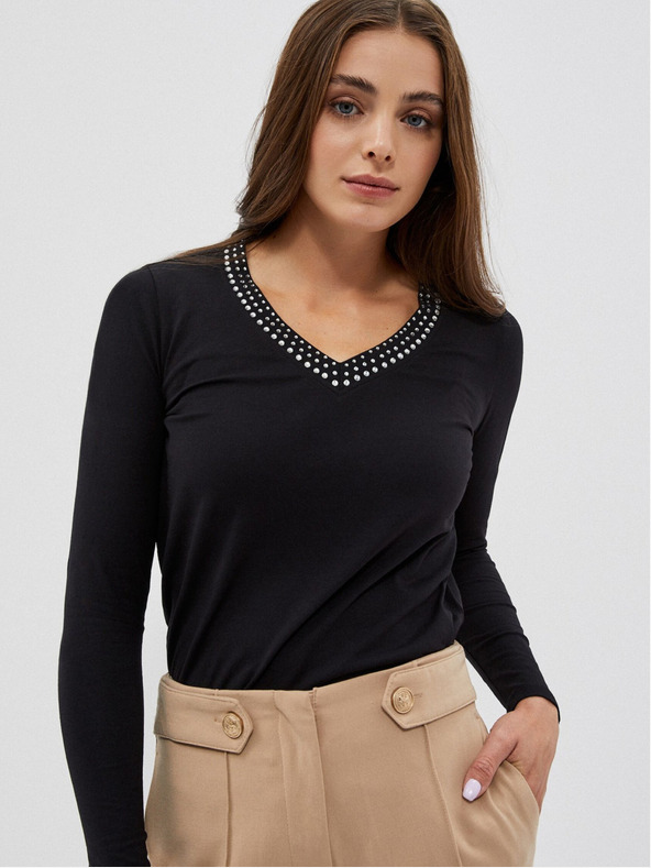 Moodo Schwarzes Damen-T-Shirt mit dekorativem Ausschnitt Moodo
