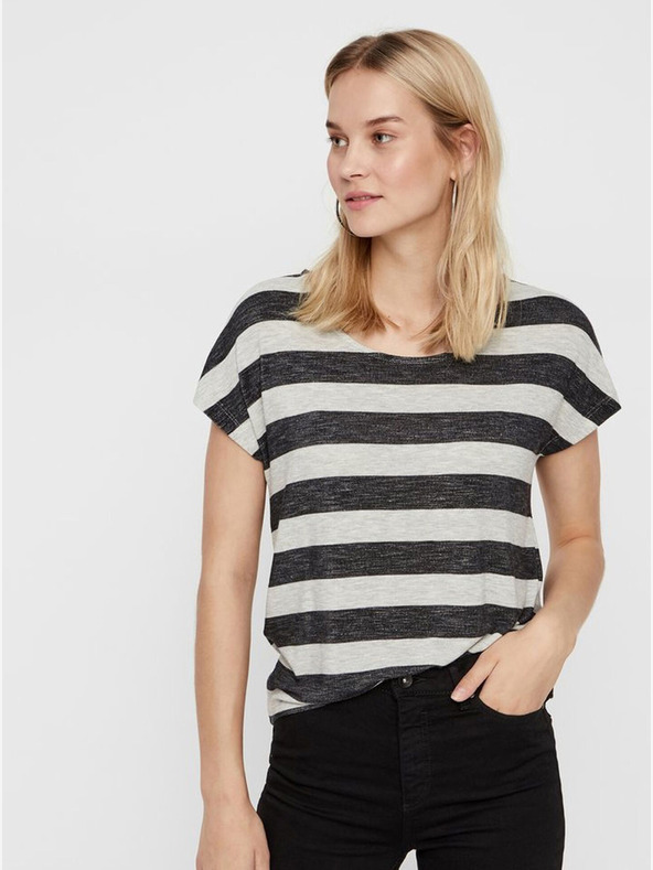 Vero Moda Cremefarbenes und schwarz gestreiftes T-Shirt VERO MODA Wide