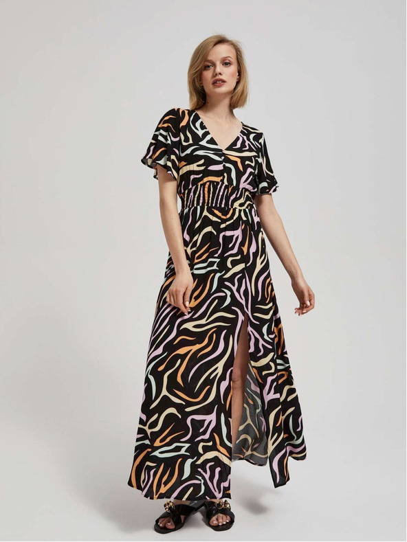 Moodo Schwarzes gemustertes langes Damenkleid Moodo