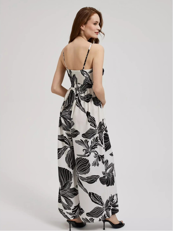 Moodo Schwarz-weißer Jumpsuit mit tropischem Muster Moodo