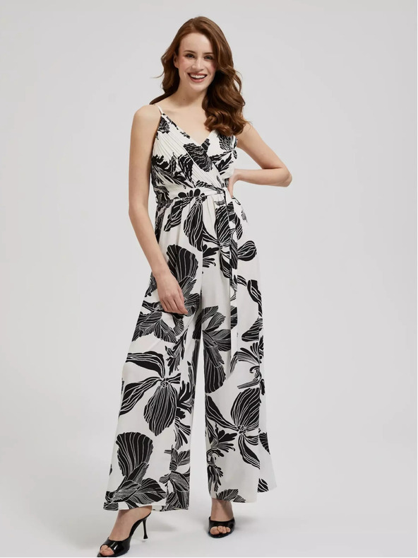 Moodo Schwarz-weißer Jumpsuit mit tropischem Muster Moodo
