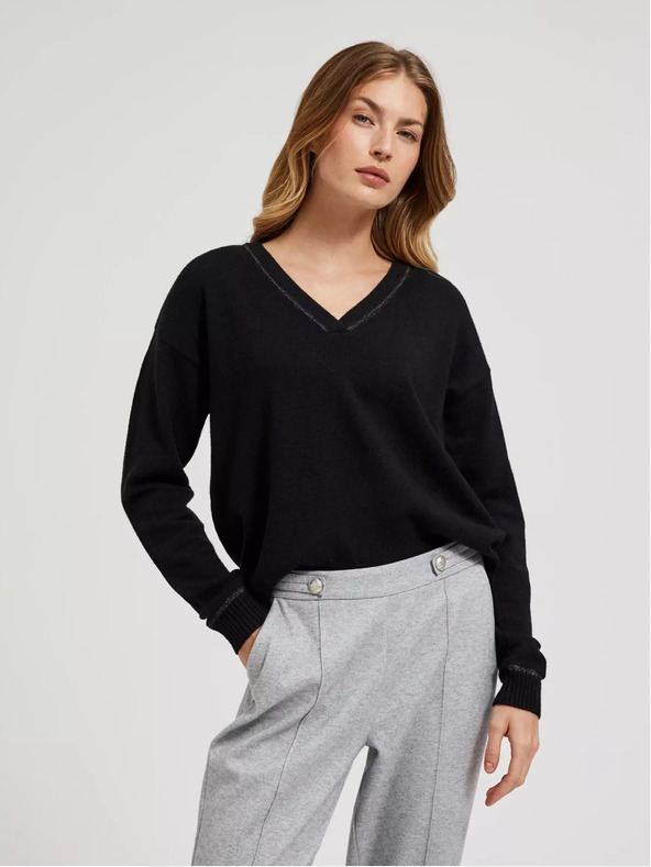 Moodo Schwarzer Langarm-Pullover mit V-Ausschnitt Moodo