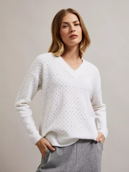 Moodo Moodo Weißer durchbrochener Pullover mit V-Ausschnitt
