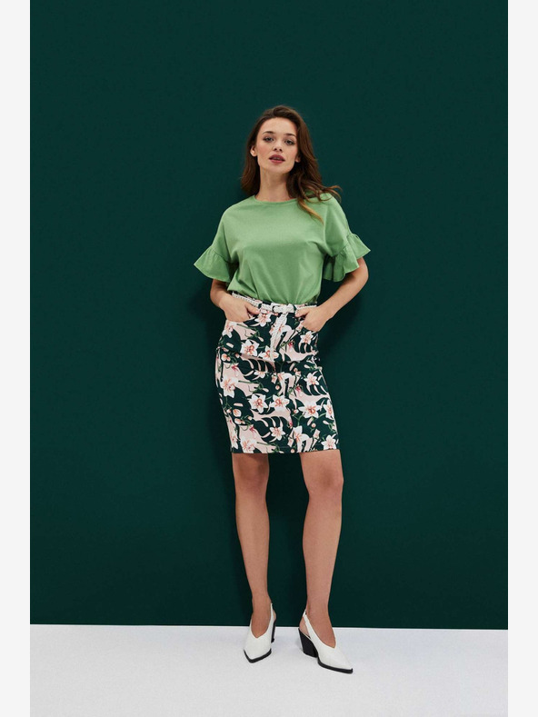 Moodo Beige und grüner Damen-Blumenrock mit Gürtel Moodo