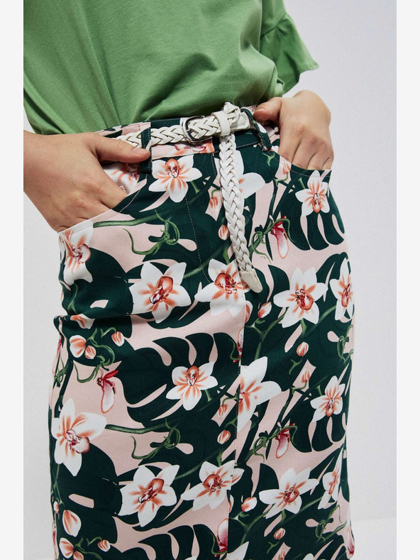 Moodo Beige und grüner Damen-Blumenrock mit Gürtel Moodo