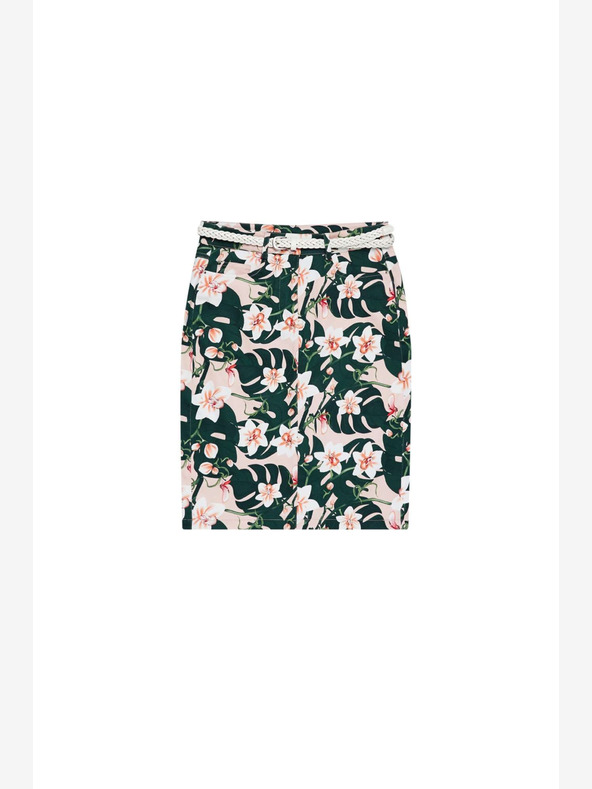 Moodo Beige und grüner Damen-Blumenrock mit Gürtel Moodo