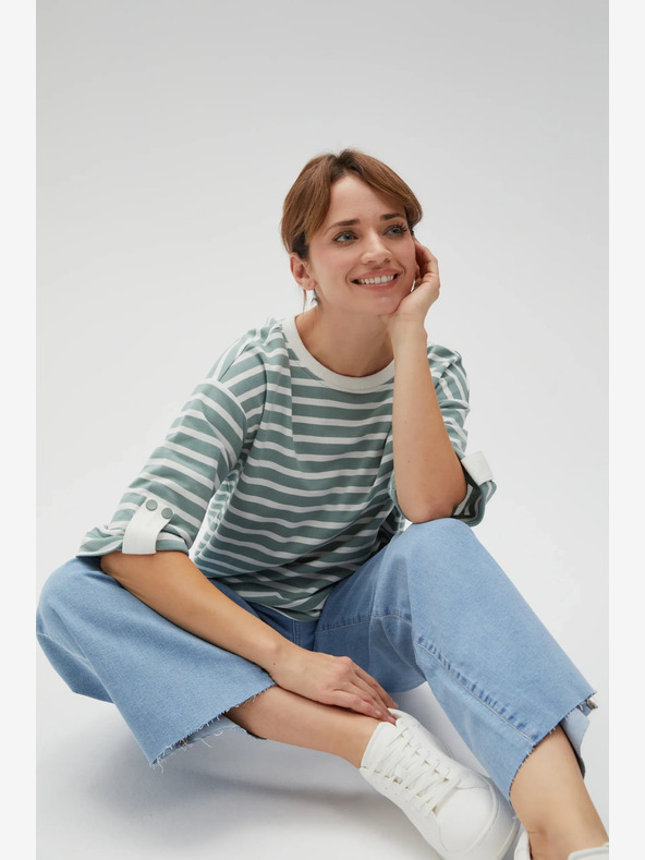 Moodo Weiß und grün gestreiftes Damen-Sweatshirt Moodo