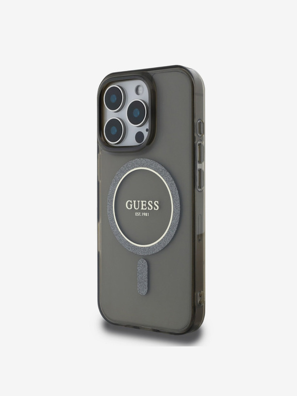 Guess Guess IML Glitter Ring MagSafe Back Cover für iPhone 16 Pro Schwarz