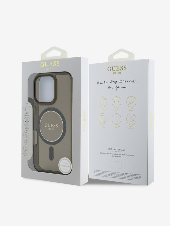 Guess Guess IML Glitter Ring MagSafe Back Cover für iPhone 16 Pro Schwarz