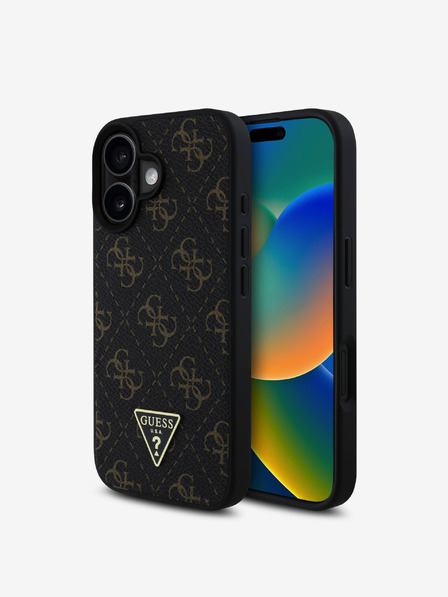Guess Guess PU Leder 4G Triangle Metall-Logo Schutzhülle für iPhone 16 Schwarz