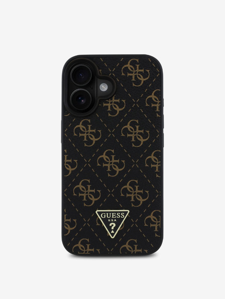 Guess Guess PU Leder 4G Triangle Metall-Logo Schutzhülle für iPhone 16 Schwarz