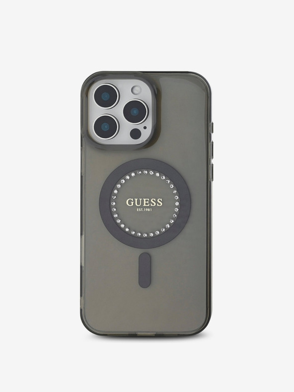 Guess Guess IML Rhinestones Ring MagSafe Back Cover für iPhone 16 Pro Schwarz