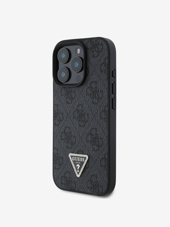 Guess PU 4G Strass Triangle Metal Logo Rückseite Hülle für iPhone 16 Pro Black Handyhülle