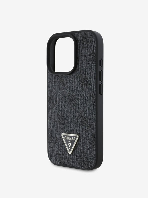 Guess PU 4G Strass Triangle Metal Logo Rückseite Hülle für iPhone 16 Pro Black Handyhülle