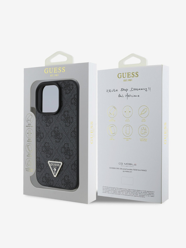 Guess PU 4G Strass Triangle Metal Logo Rückseite Hülle für iPhone 16 Pro Black Handyhülle