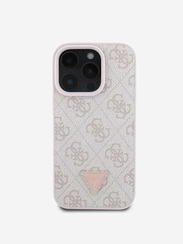 Guess Guess PU 4G Strass Dreieck Metall Logo Rückwand für iPhone 16 Pro Rosa