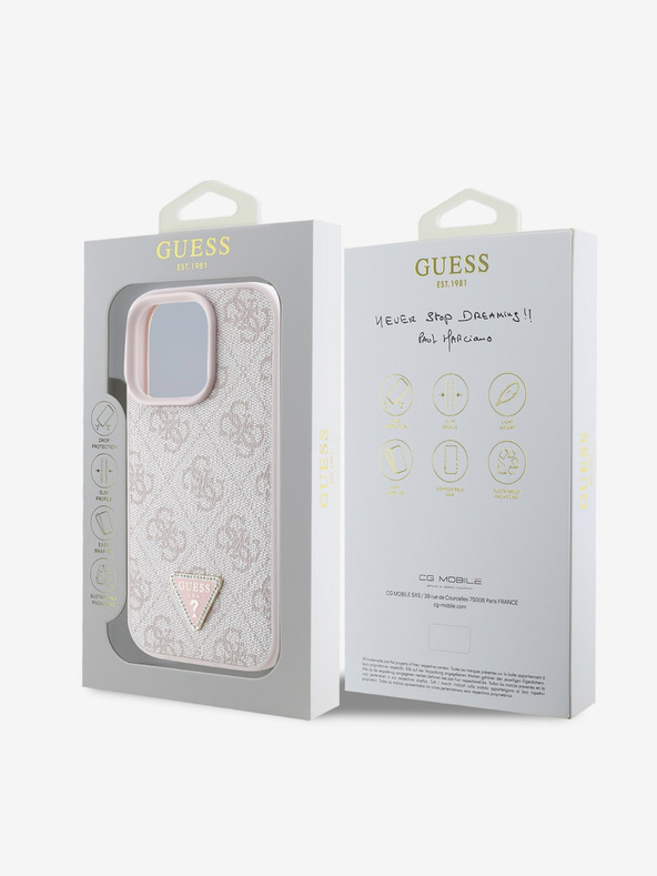 Guess Guess PU 4G Strass Dreieck Metall Logo Rückwand für iPhone 16 Pro Rosa