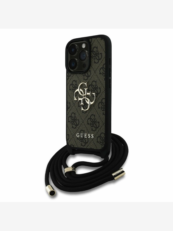 Guess Guess PU PU 4G Metall-Logo Crossbody Strap Back Cover für iPhone 15 Pro Max Braun