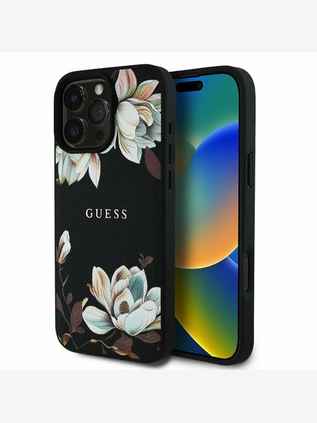 Guess Guess PU genarbtes Magnolia MagSafe Back Cover für iPhone 16 Pro Schwarz