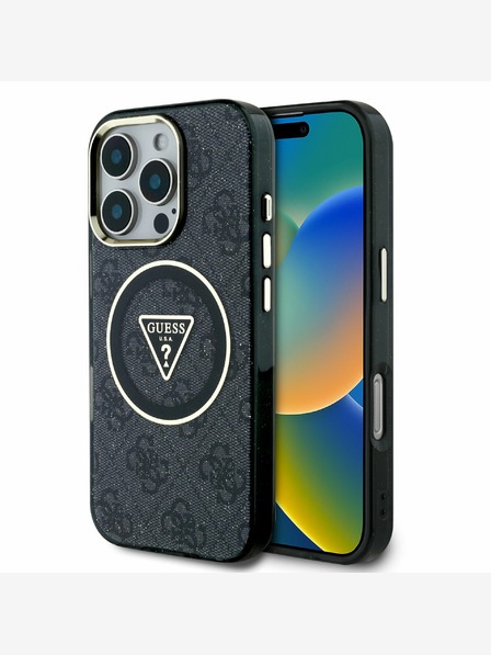 Guess Guess IML 4G Glitter and Triangle Logo MagSafe Back Cover für iPhone 16 Pro Schwarz