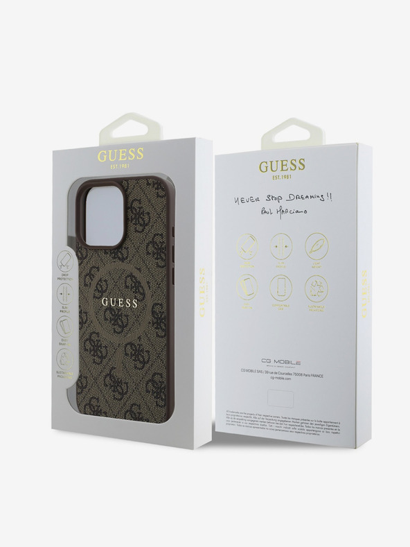 Guess Guess PU Leder 4G Farbiger Ring MagSafe Back Cover für iPhone 16 Pro Max Braun