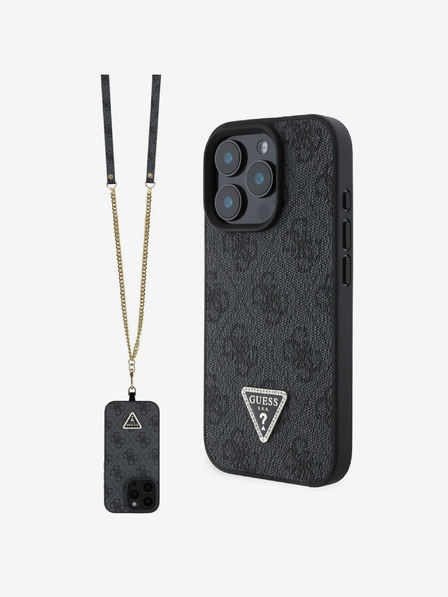 Guess Guess PU 4G Strass Dreieck Metall-Logo Schutzhülle + Crossbody Strap für iPhone 16 Pro Schwarz