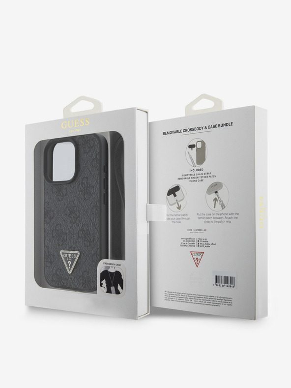 Guess Guess PU 4G Strass Dreieck Metall-Logo Schutzhülle + Crossbody Strap für iPhone 16 Pro Schwarz