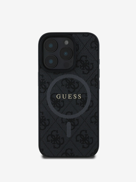 Guess PU Leder 4G Farbiger Ring MagSafe Rückseite Hülle für iPhone 16 Pro Max Schwarz Handyhülle