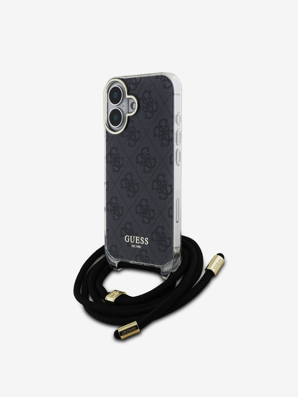 Guess Guess IML 4G Printed Crossbody Strap Back Cover für iPhone 16 Schwarz