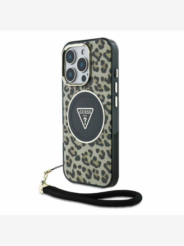 Guess Guess IML Leopard Triangle Logo Strap MagSafe Back Cover für iPhone 16 Pro Max Braun
