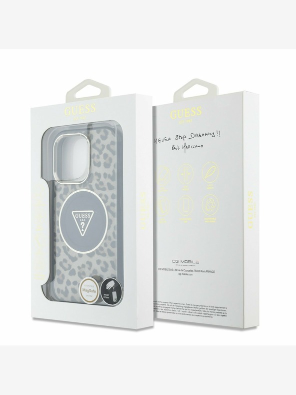 Guess Guess IML Leopard Triangle Logo Strap MagSafe Back Cover für iPhone 16 Pro Max Braun
