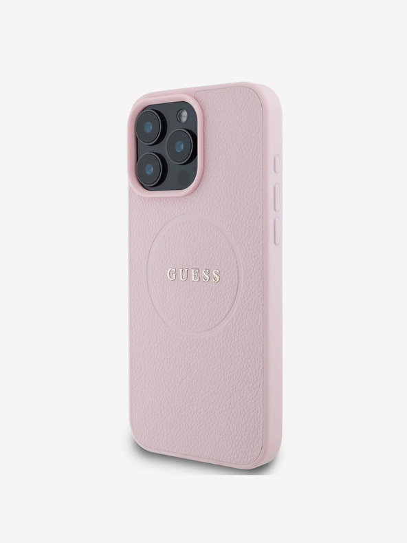 Guess Guess PU genarbtes klassisches Logo MagSafe Back Cover für iPhone 16 Pro Rosa