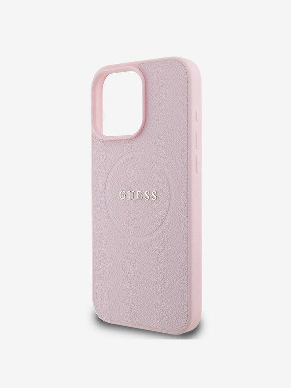 Guess Guess PU genarbtes klassisches Logo MagSafe Back Cover für iPhone 16 Pro Rosa