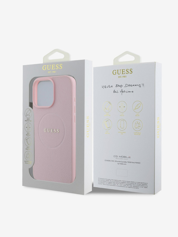 Guess Guess PU genarbtes klassisches Logo MagSafe Back Cover für iPhone 16 Pro Rosa