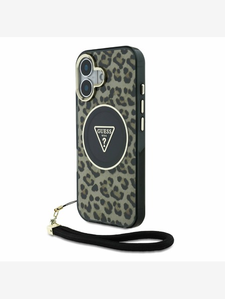 Guess Guess IML Leopard Triangle Logo Strap MagSafe Back Cover für iPhone 16 Braun