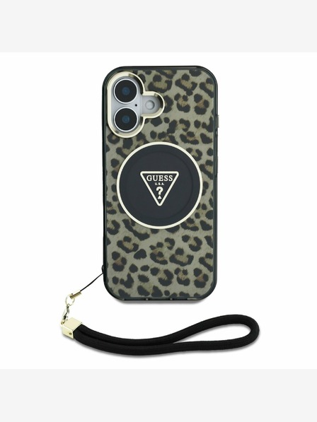 Guess Guess IML Leopard Triangle Logo Strap MagSafe Back Cover für iPhone 16 Braun