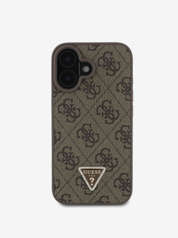 Guess Guess PU 4G Strass Triangle Metal Logo Back Cover für iPhone 16 Braun