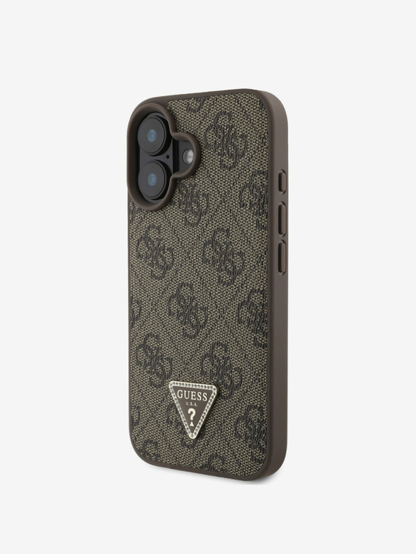 Guess Guess PU 4G Strass Triangle Metal Logo Back Cover für iPhone 16 Braun