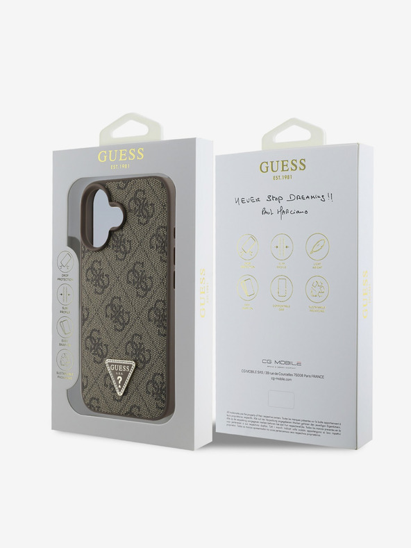 Guess Guess PU 4G Strass Triangle Metal Logo Back Cover für iPhone 16 Braun