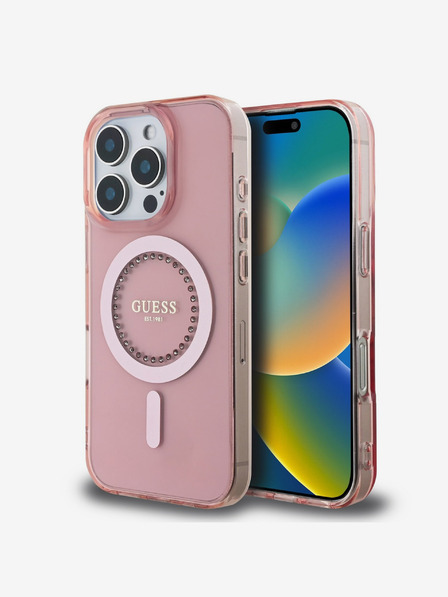 Guess Guess IML Strass Ring MagSafe Back Cover für iPhone 16 Pro Rosa