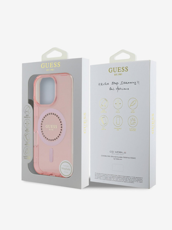 Guess Guess IML Strass Ring MagSafe Back Cover für iPhone 16 Pro Rosa