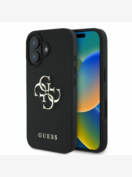 Guess Guess PU Grained 4G Metal Logo Back Cover für iPhone 16 Schwarz