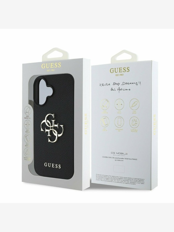 Guess Guess PU Grained 4G Metal Logo Back Cover für iPhone 16 Schwarz
