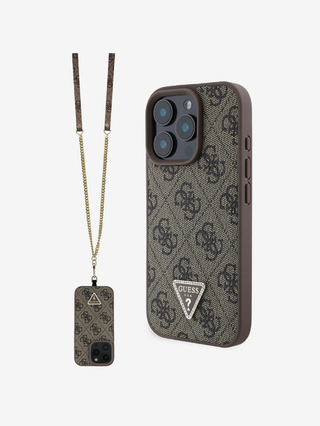 Guess Guess PU 4G Strass Dreieck Metall Logo Back Cover + Crossbody Strap für iPhone 16 Pro Braun