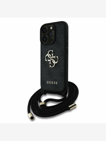 Guess Guess PU PU 4G Metal Logo Crossbody Strap Back Cover für iPhone 15 Pro Schwarz