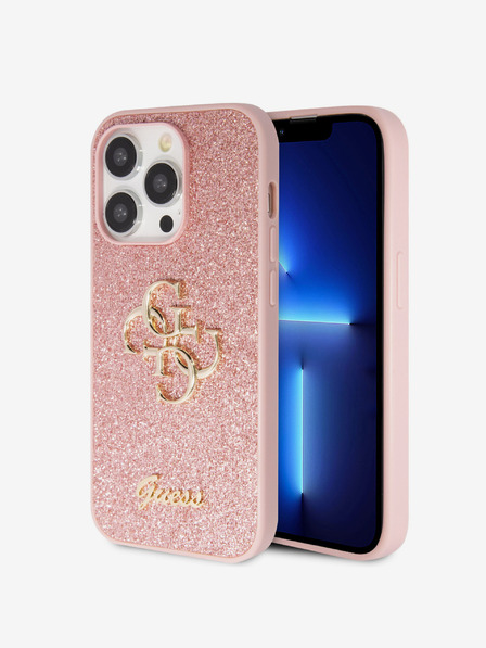 Guess Guess PU Fixed Glitter 4G Metall-Logo Schutzhülle für iPhone 15 Pro Pink