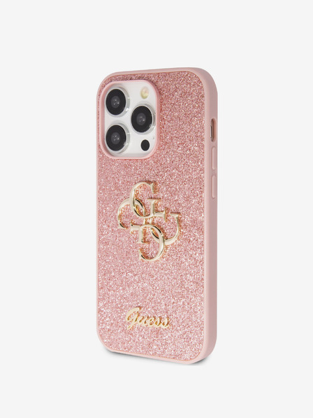Guess Guess PU Fixed Glitter 4G Metall-Logo Schutzhülle für iPhone 15 Pro Pink