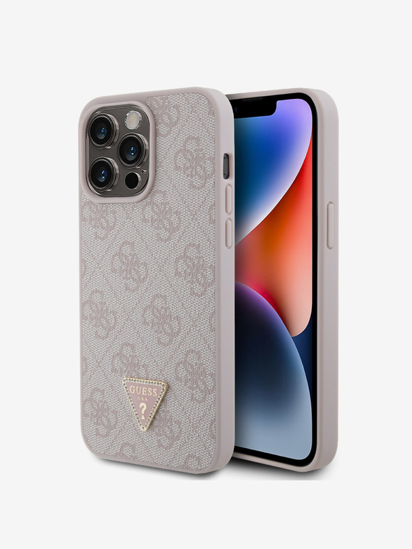 Guess PU 4G Strass Triangle Metal Logo Backcover für iPhone 15 Pro Max Pink Handyhülle