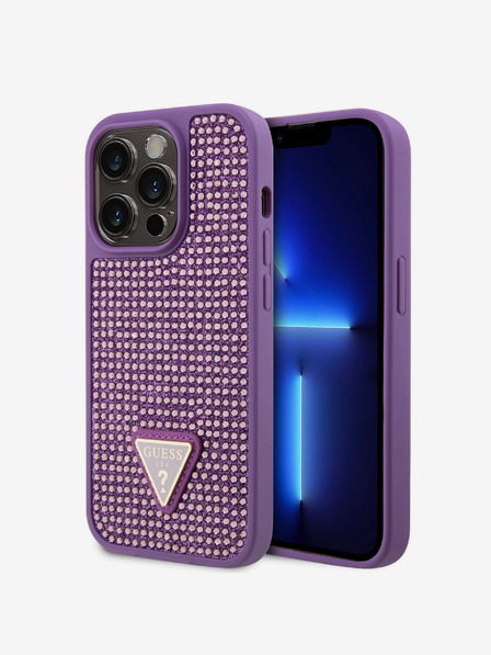 Guess Guess Strasssteinchen Dreieck Metall Logo Hülle für iPhone 15 Pro Max Lila