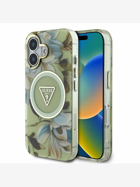 Guess Guess IML Glitter Magnolia und Triangle Logo MagSafe Back Cover für iPhone 16 Grün